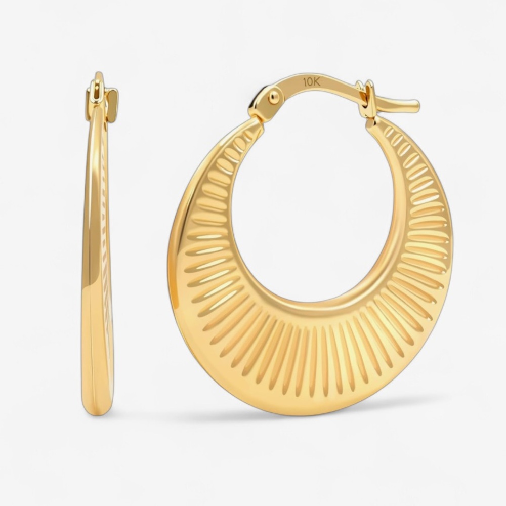 Solid 10K Yellow Gold  Sunburst Design Hoop Earrings